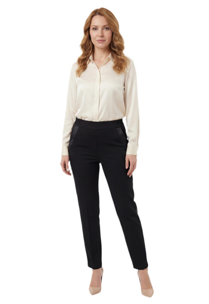 Официален черен панталон с кант от еко кожа големи размери