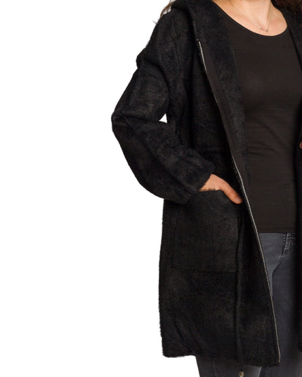 Елегантно дълго яке с качулка и джобове в големи размери