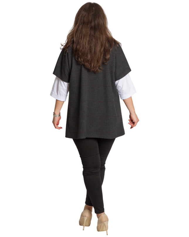 Официален комплект от риза и вълнен елек в тъмно сиво каре