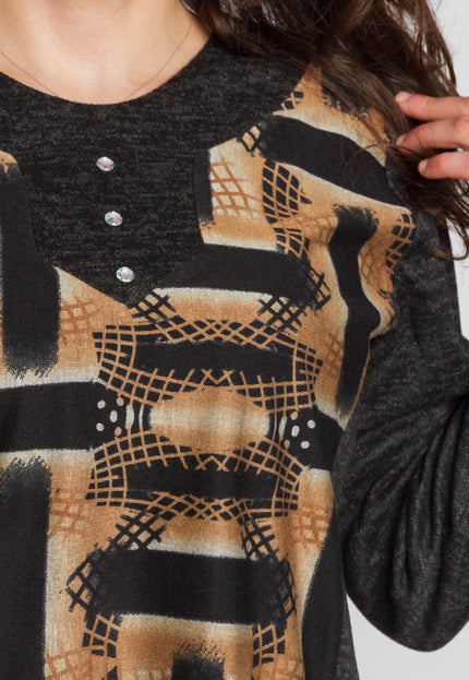 Тъмносивa туника с абстрактен принт и декоративни камъни