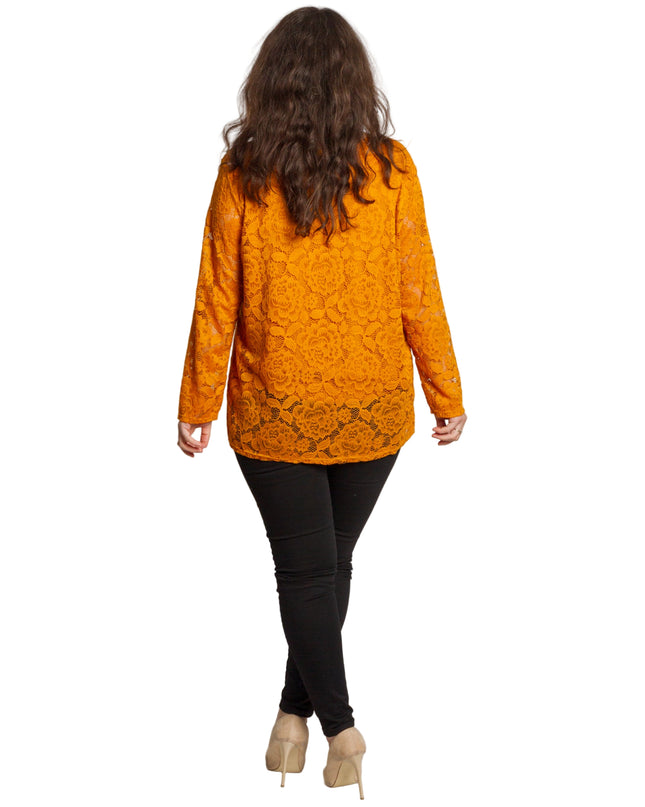 Официална оранжева блуза с дантелени ръкави