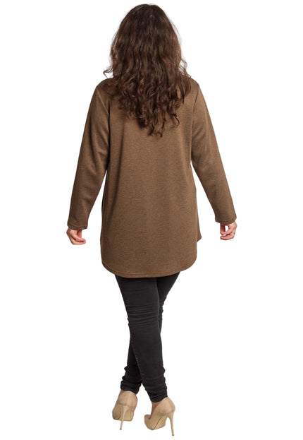 Кафява разкроена туника с флорална бродерия и перли