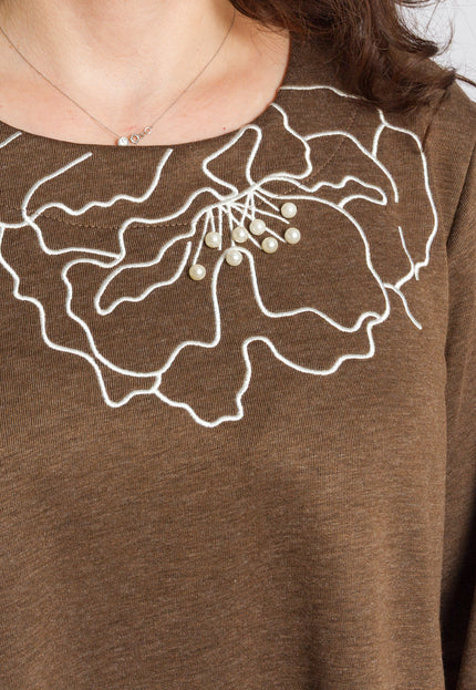 Кафява разкроена туника с флорална бродерия и перли