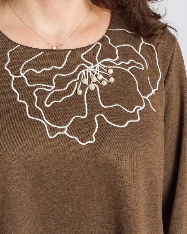 Кафява разкроена туника с флорална бродерия и перли