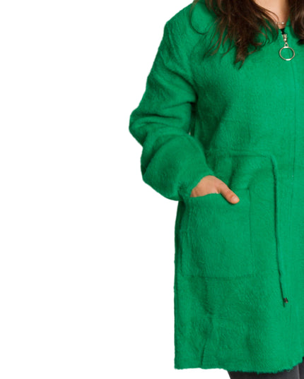 Дълго зелено яке в големи размери с качулка и джобове