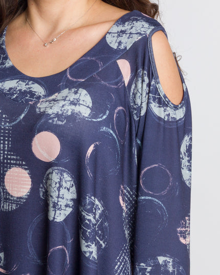 Елегантна тъмносиня разкроена туника с артистичен десен