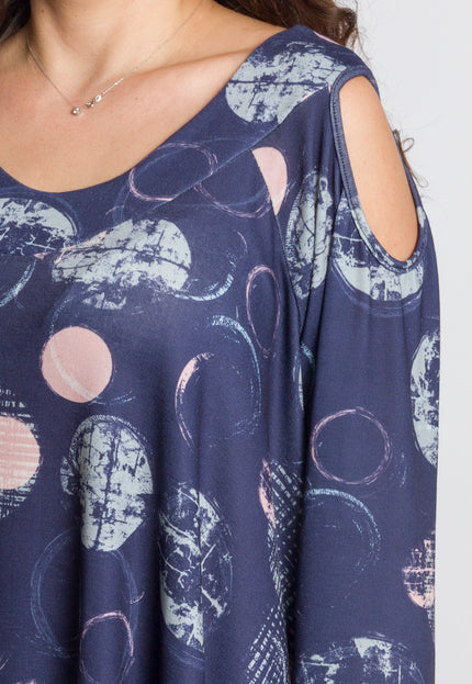 Елегантна тъмносиня разкроена туника с артистичен десен