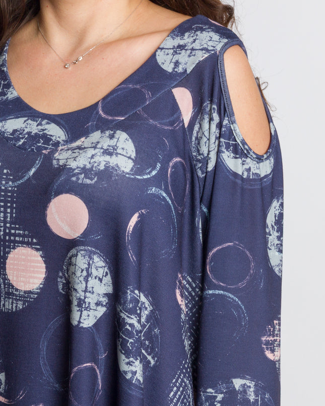 Елегантна тъмносиня разкроена туника с артистичен десен