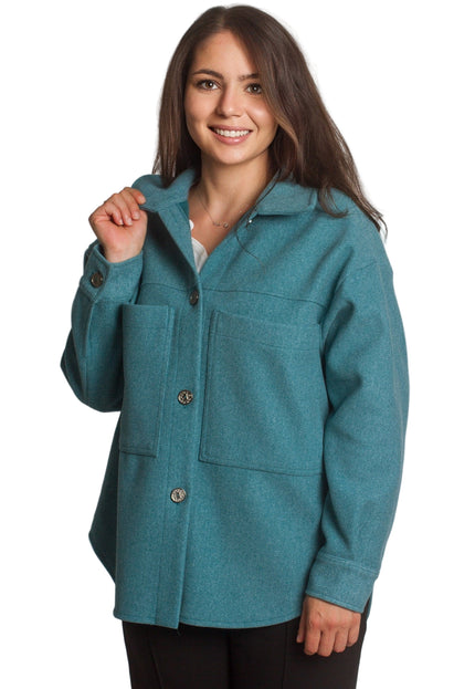 Стилен жакет с джобове в петролен цвят и големи размери