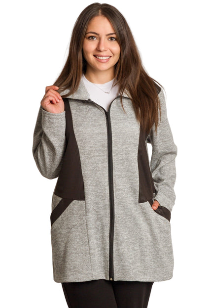 Свободен сив жакет с черни акценти и цип в макси размери