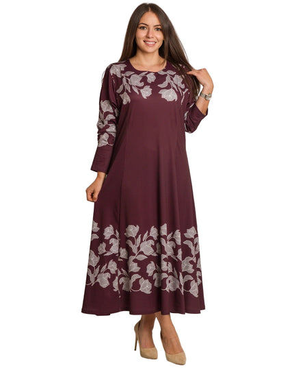 Бордо разкроена рокля с флорален бордюр в големи размери