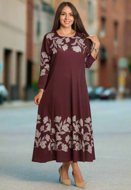 Бордо разкроена рокля с флорален бордюр в големи размери