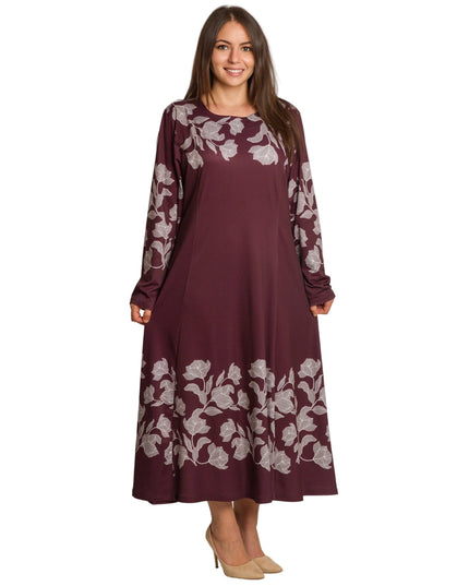 Бордо разкроена рокля с флорален бордюр в големи размери