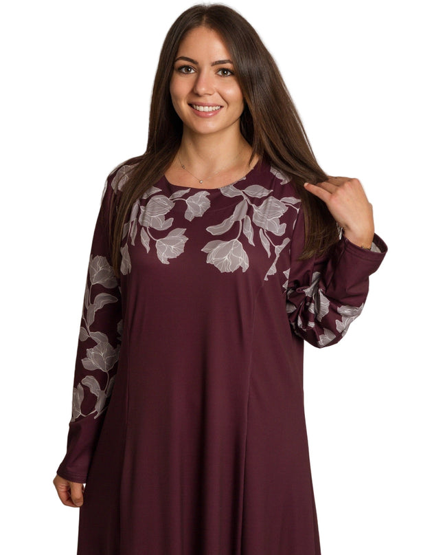 Бордо разкроена рокля с флорален бордюр в големи размери