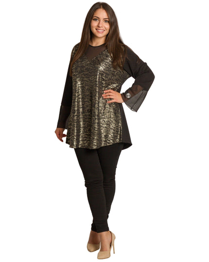 Елегантна туника в големи размери с ефектен златист десен