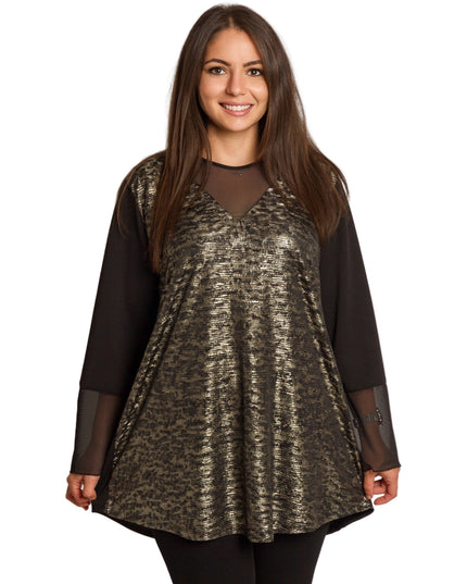 Елегантна туника в големи размери с ефектен златист десен