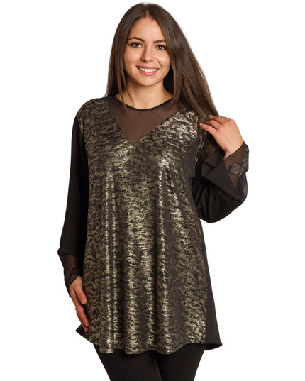 Елегантна туника в големи размери с ефектен златист десен