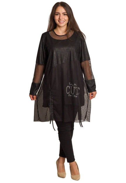 Черна дълга туника с мрежа и надпис CUTE в големи размери