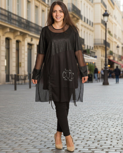 Черна дълга туника с мрежа и надпис CUTE в големи размери