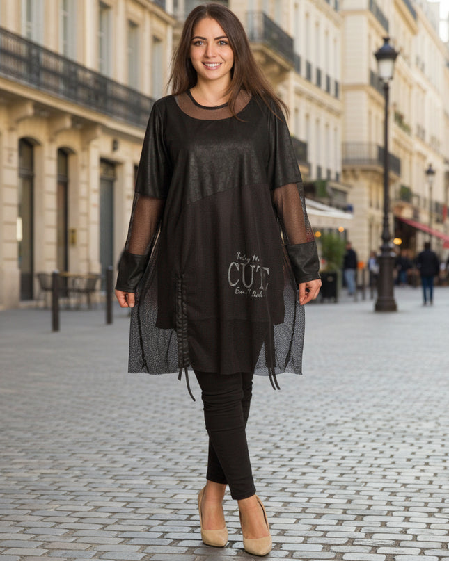 Черна дълга туника с мрежа и надпис CUTE в големи размери