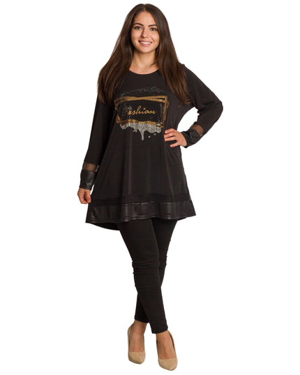 Черна туника с камъни и надпис Fashion в големи размери