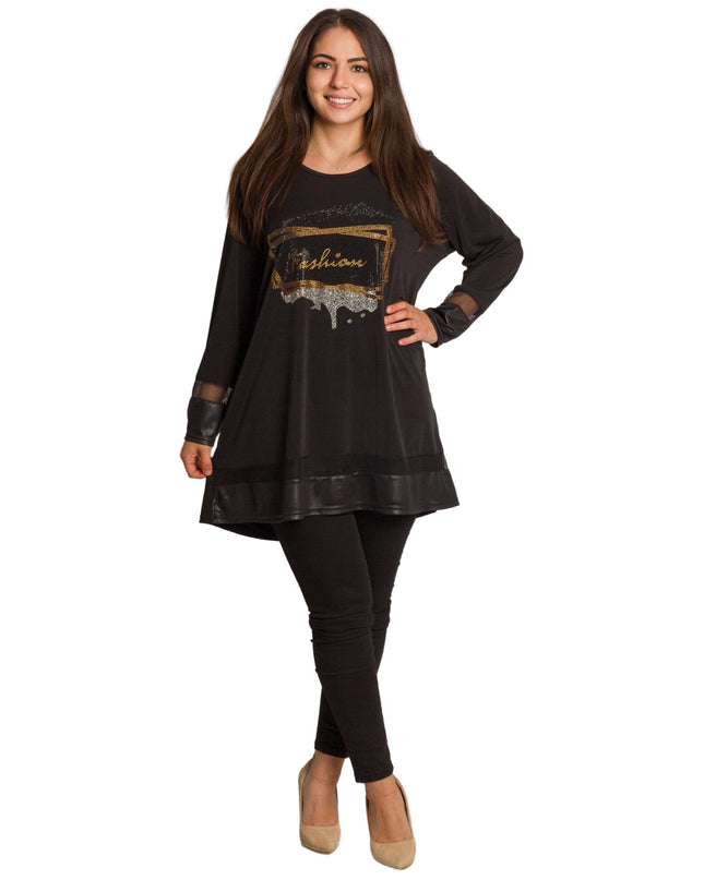 Черна туника с камъни и надпис Fashion в големи размери
