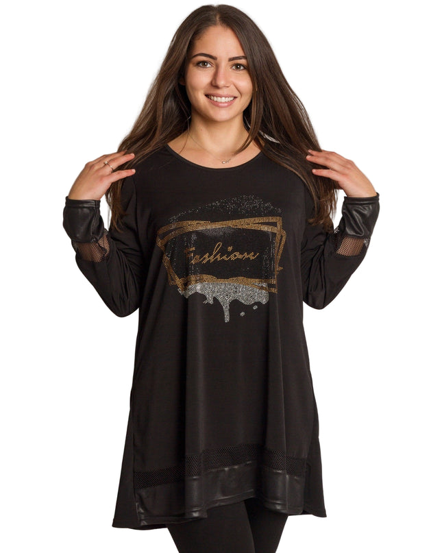 Черна туника с камъни и надпис Fashion в големи размери