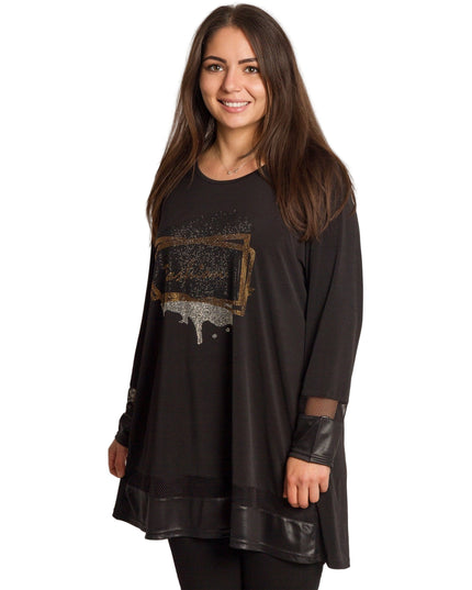 Черна туника с камъни и надпис Fashion в големи размери