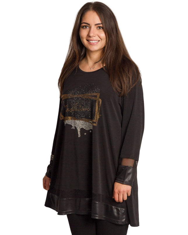 Черна туника с камъни и надпис Fashion в големи размери