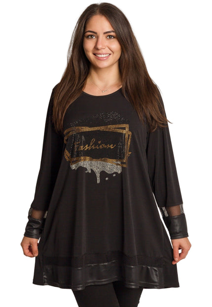 Черна туника с камъни и надпис Fashion в големи размери