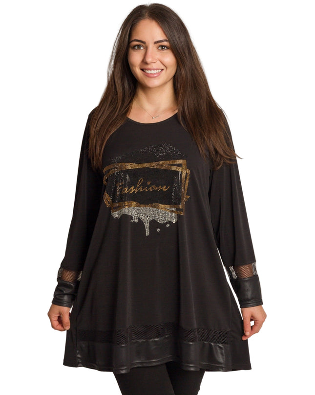 Черна туника с камъни и надпис Fashion в големи размери
