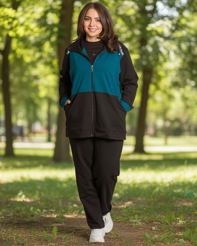 Спортен екип в черно и петрол с цип и джобове