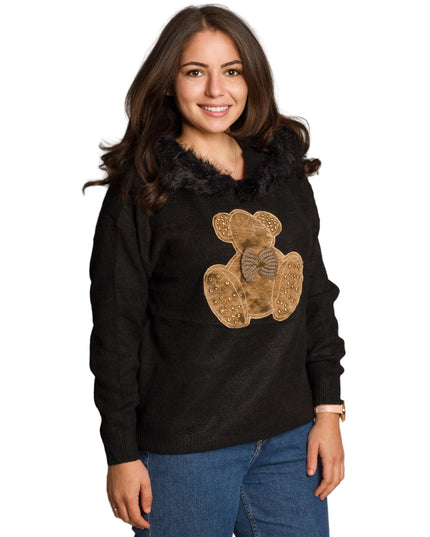 Черна макси блуза с апликация мече и пухкава яка