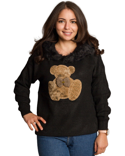 Черна макси блуза с апликация мече и пухкава яка