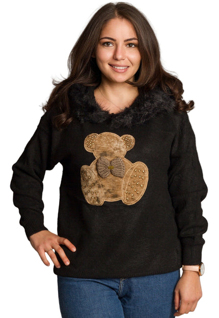 Черна макси блуза с апликация мече и пухкава яка