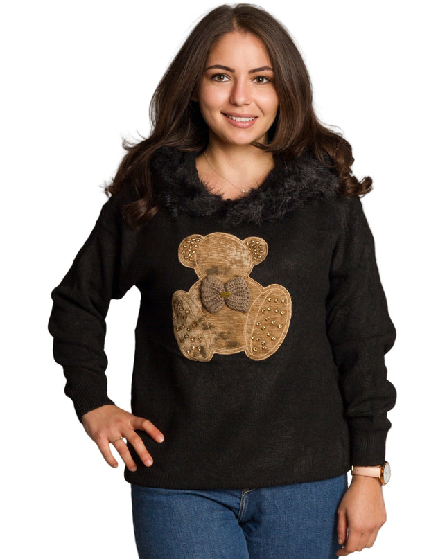 Черна макси блуза с апликация мече и пухкава яка