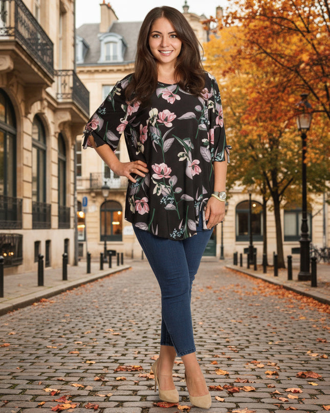 4XL -5XL Черна макси туника с флорален принт и разкроена кройка