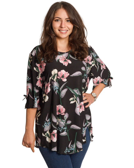 4XL -5XL Черна макси туника с флорален принт и разкроена кройка