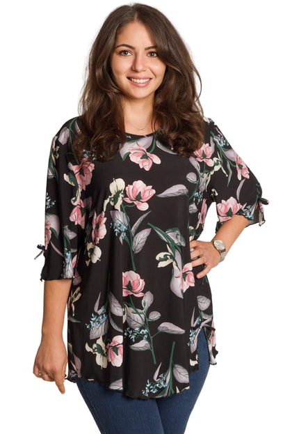 4XL -5XL Черна макси туника с флорален принт и разкроена кройка