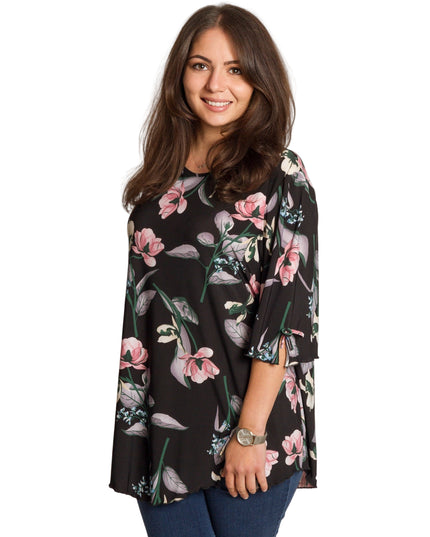 4XL -5XL Черна макси туника с флорален принт и разкроена кройка
