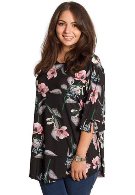 4XL -5XL Черна макси туника с флорален принт и разкроена кройка