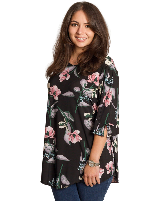 4XL -5XL Черна макси туника с флорален принт и разкроена кройка