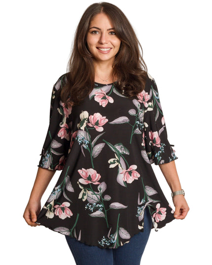 4XL -5XL Черна макси туника с флорален принт и разкроена кройка