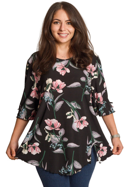 4XL -5XL Черна макси туника с флорален принт и разкроена кройка