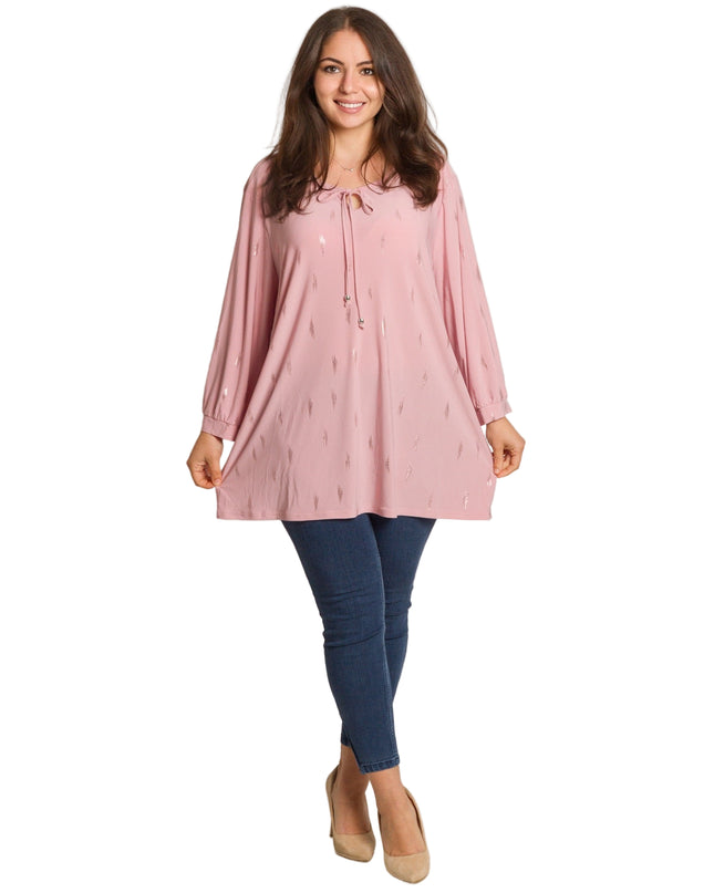 Розова туника в големи размери с връзки и блестящи акценти