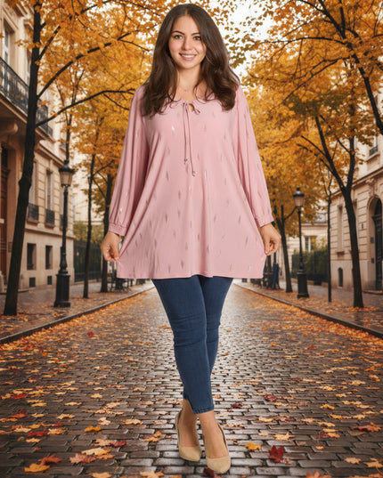 Розова туника в големи размери с връзки и блестящи акценти