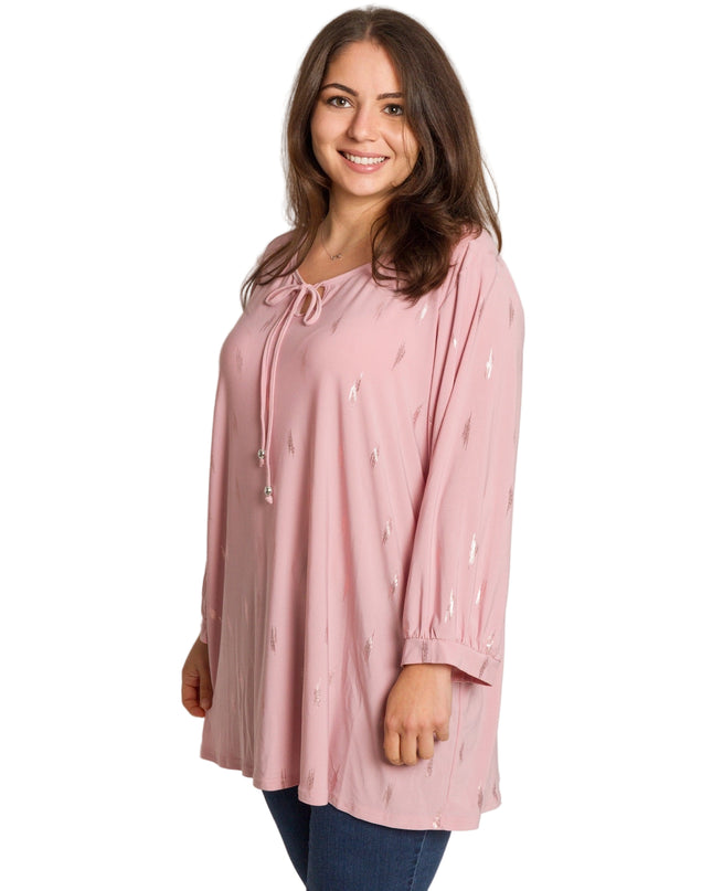 Розова туника в големи размери с връзки и блестящи акценти