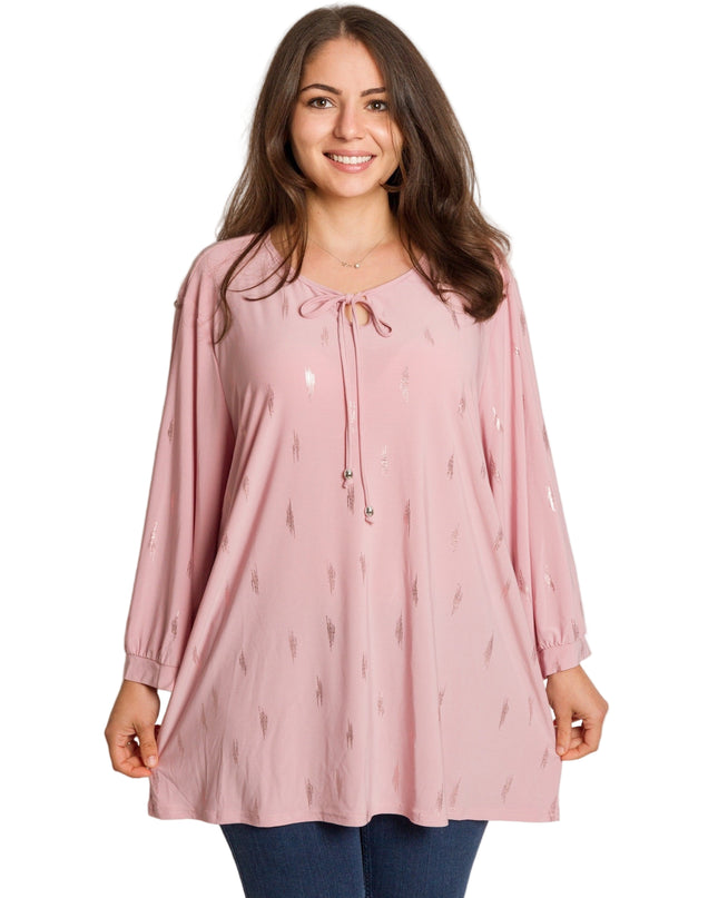 Розова туника в големи размери с връзки и блестящи акценти