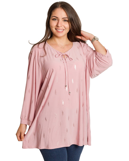 Розова туника в големи размери с връзки и блестящи акценти