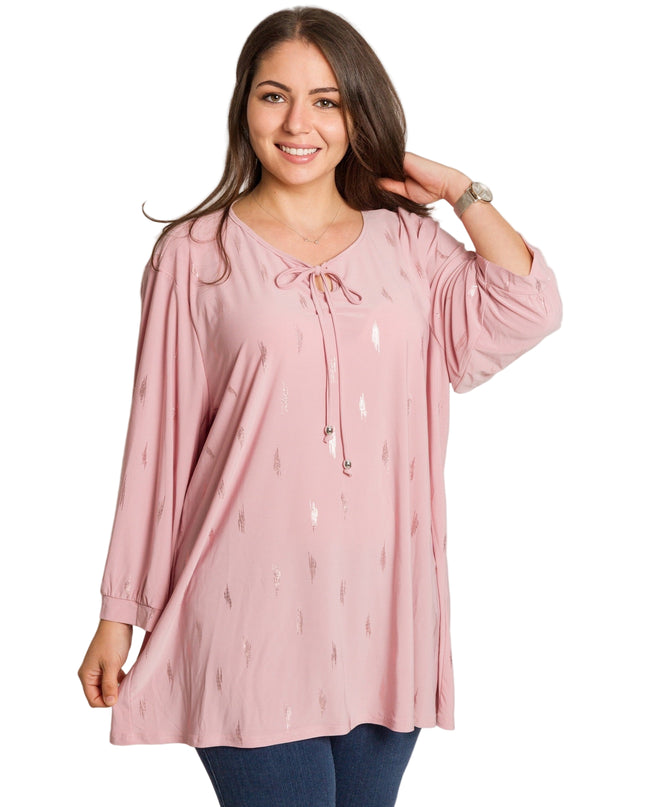 Розова туника в големи размери с връзки и блестящи акценти